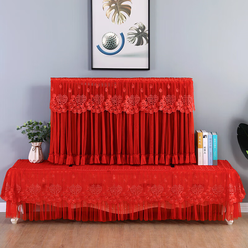 佳爾美紅色喜慶電視機(jī)防塵罩蕾絲結(jié)婚臺(tái)式掛式55寸65寸液晶電視布 喜結(jié)連理(紅) 【電視機(jī)罩】42寸：105*60cm