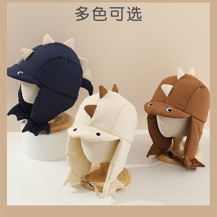 迪士尼（Disney）儿童帽子冬款保暖加绒可爱卡通恐龙护耳帽男女宝宝防风毛绒雷锋帽 米色卡扣恐龙 帽围49-53/参考年龄3-8岁