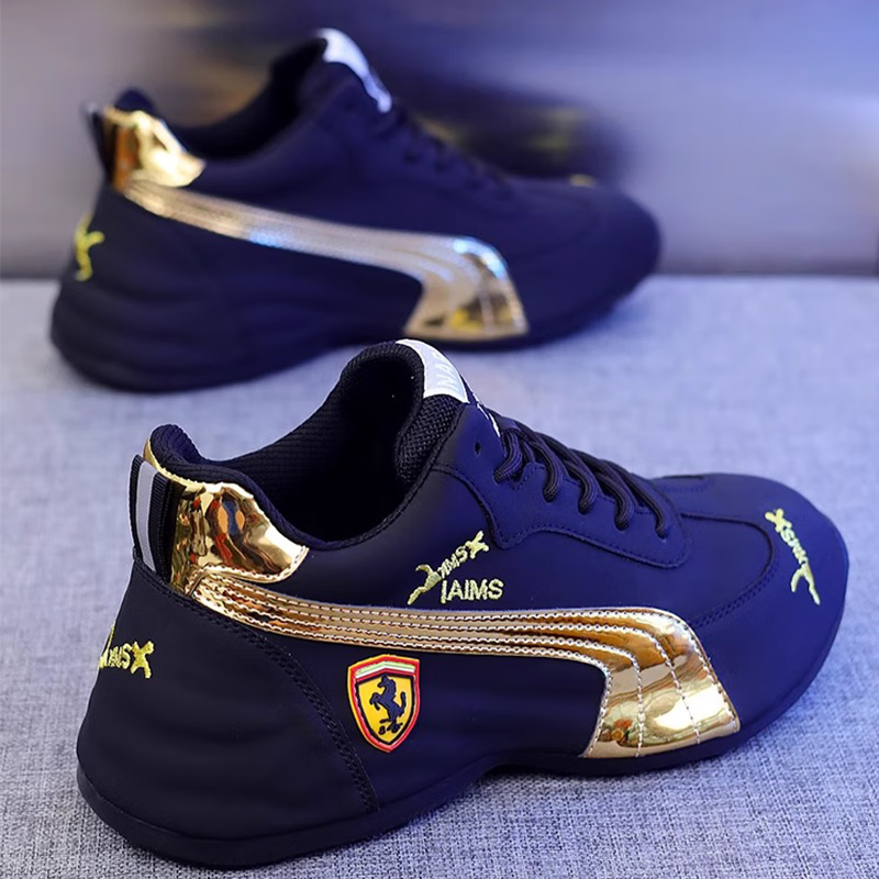 轻奢男鞋秋冬季皮面运动鞋男百搭老爹鞋男休闲鞋子男士软底增高鞋 黑金色 42 京东折扣/优惠券