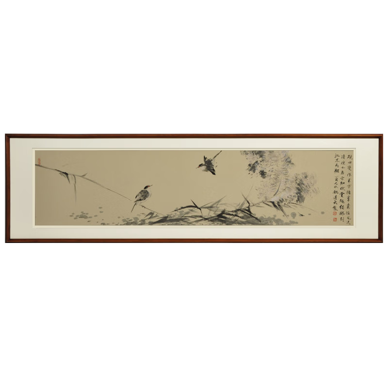 畫(huà)訴純手繪禪意花鳥(niǎo)畫(huà)國(guó)畫(huà)字畫(huà)客廳裝飾畫(huà)辦公室餐廳茶室掛畫(huà)蘆葦小鳥(niǎo) 淺色窄邊立體框-純實(shí)木框-發(fā)順豐 帶框長(zhǎng)165 高50CM