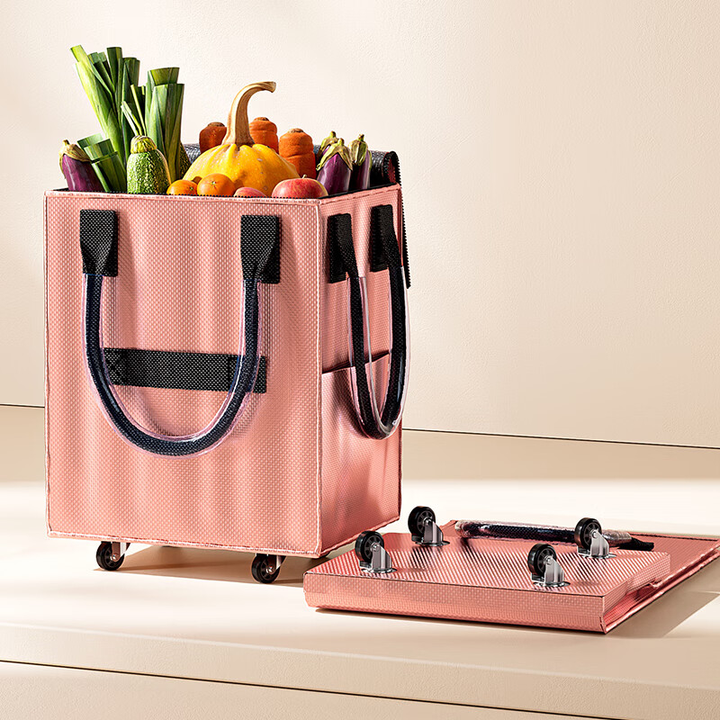邦尼美家买菜车小拉车外出便携式手提购物收纳袋户外出差可折叠带轮行李箱 玫瑰金-带盖/提手【防污防水】 放心购（滚轮设计 轻松购物）
