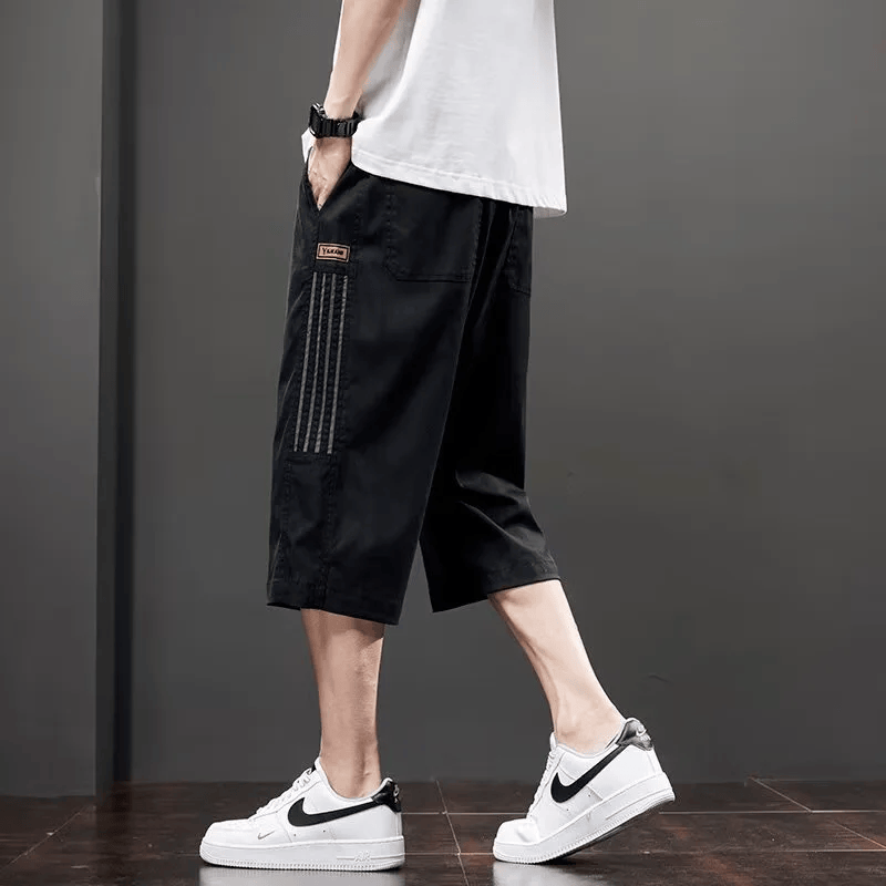 锐图森秋季冰丝休闲短裤时尚宽松透气七分薄款中裤美式条纹宽松直筒短裤 卡其 M （建议80-95斤）