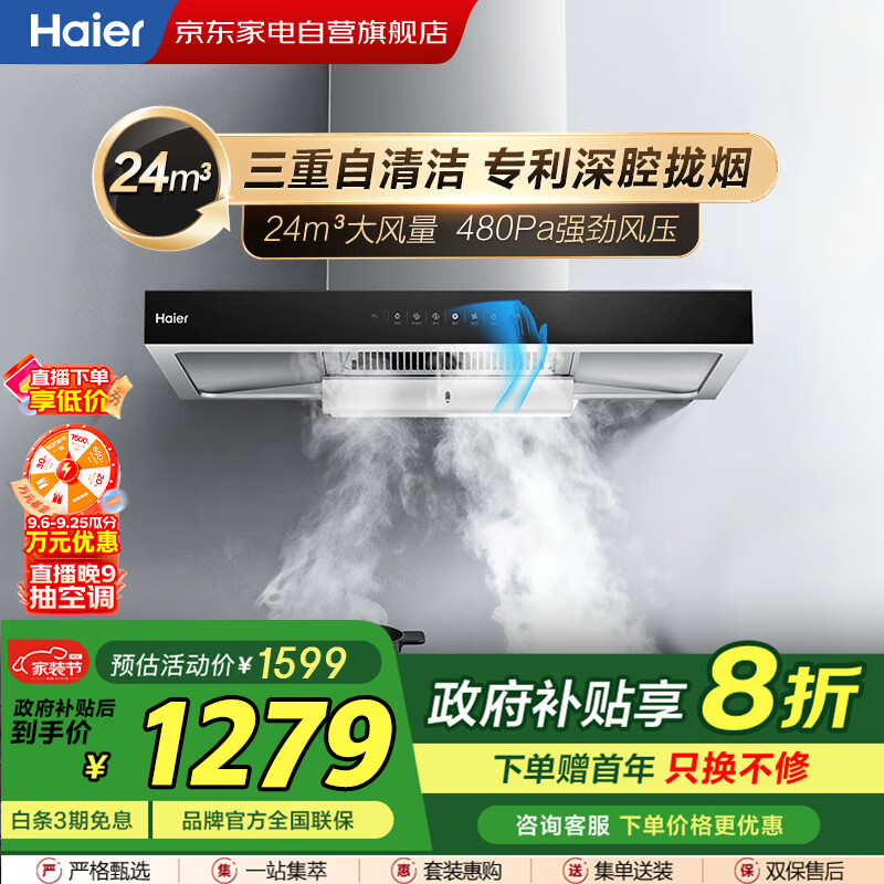 海尔（Haier）油烟机24立方深腔大吸力【国家补贴】顶吸式欧式自清洗家用480Pa挥手智控一级能效CXW-258-ET960