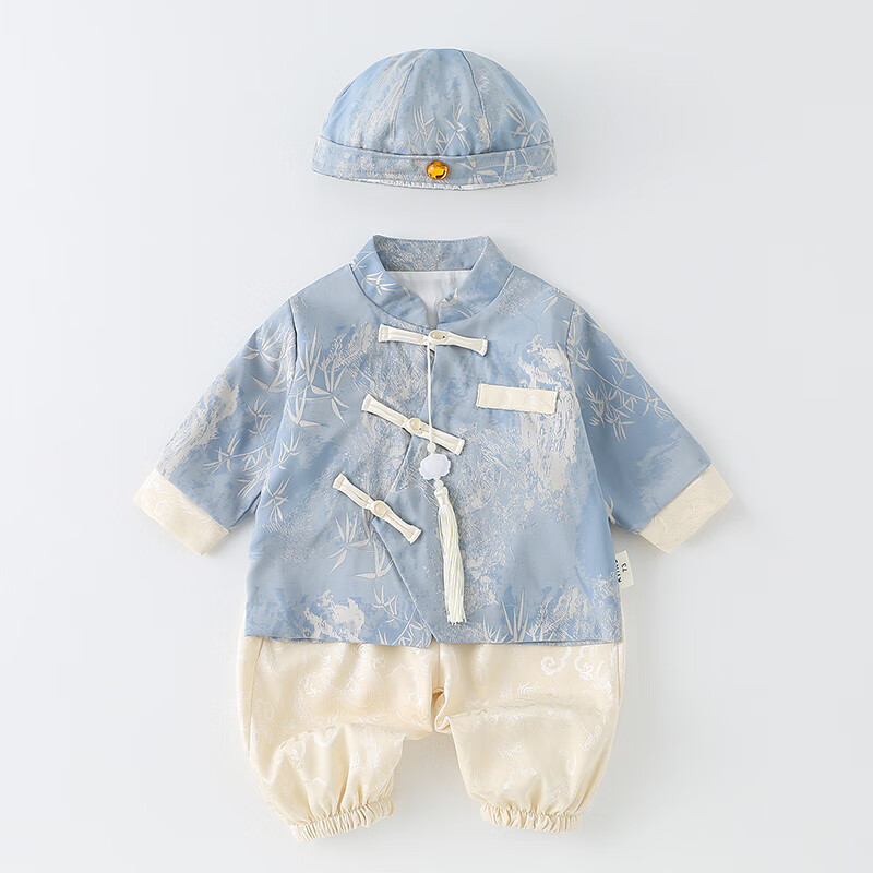 潮梦城婴儿秋季套装中国风抓周少爷服两件套周岁礼服分体宝宝外出服春秋 夕雾淡蓝-三件套KMKD291 66 0-4个月穿