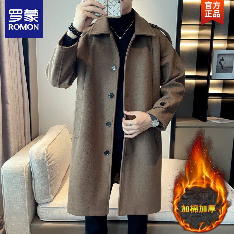 罗蒙（ROMON）秋冬季韩版美拉德毛呢大衣感中长款男士风衣宽松潮流呢子外套 加棉咖啡色 加厚 M