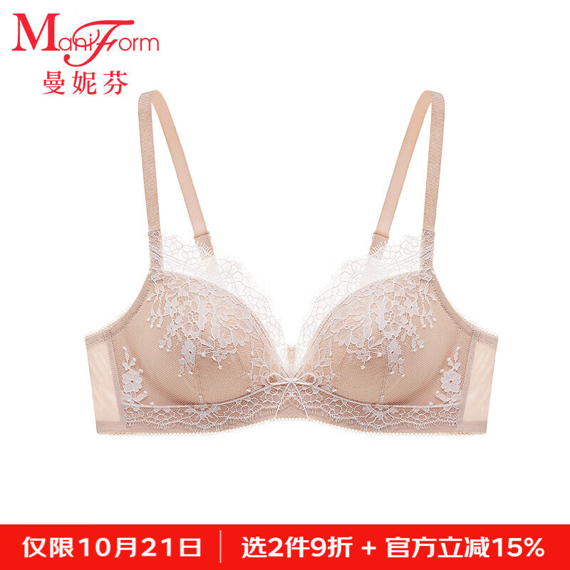 曼妮芬无钢圈女士胸罩性感聚拢蕾丝内衣舒适软支撑文胸20812337 11A 撞色肤 80B