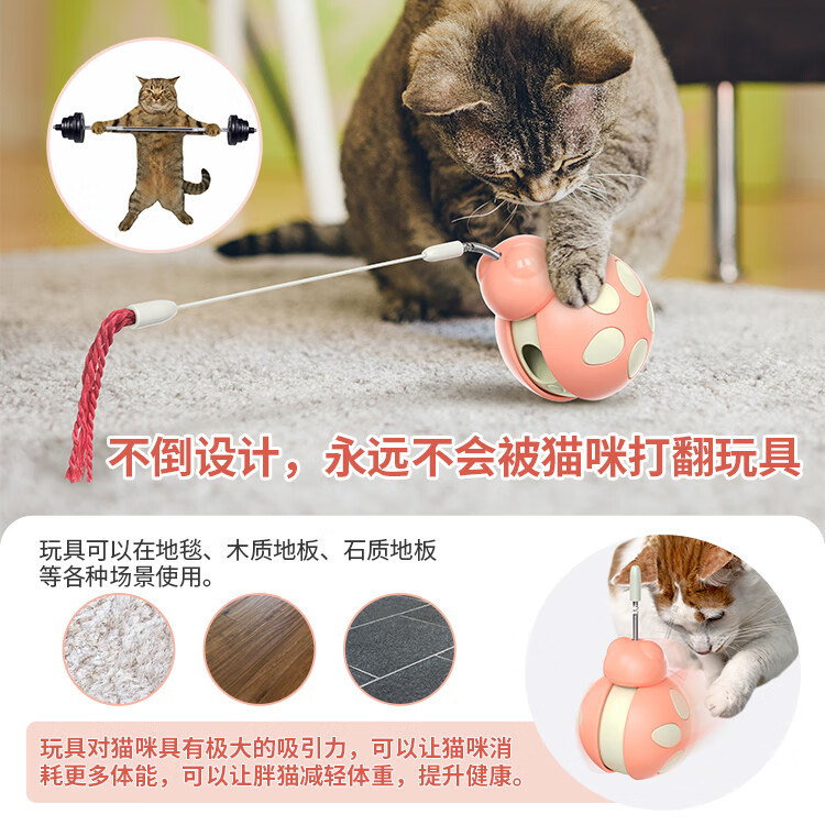 TOGEX宠物猫咪自嗨漏食球玩具长杆逗猫棒磨牙耐咬不倒翁解闷小猫用品 甲壳虫不倒翁-粉色