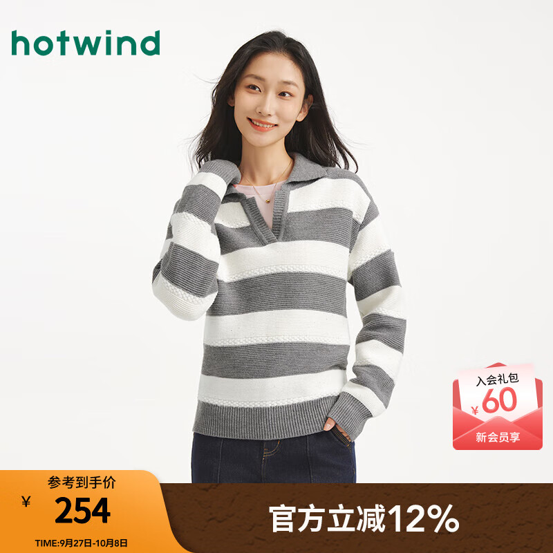热风女士条纹针织衫2025年秋季新款女士经典翻领百搭休闲宽松套头上衣 59灰白 L