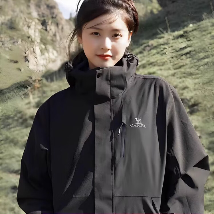 骆驼（CAMEL）冲锋衣男三合一防风防水2025新款可拆卸户外连帽登山夹克外套 月光蓝【三合一银狐绒内胆】 S
