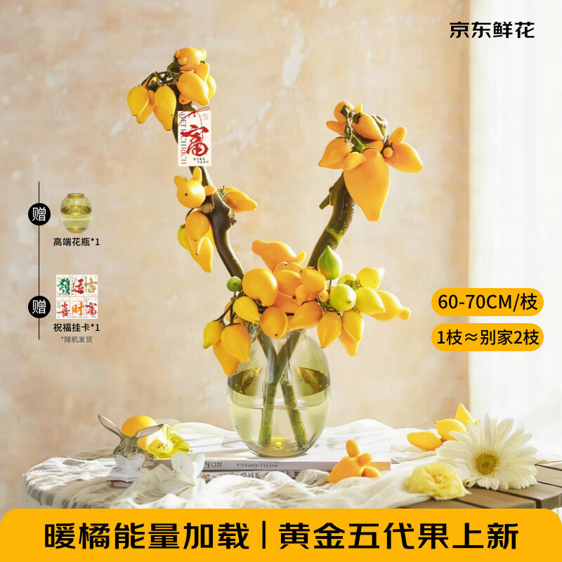 京东鲜花五代果2支60-70cm黄金果鲜切福禄果五指果插花开业庆典源头直发