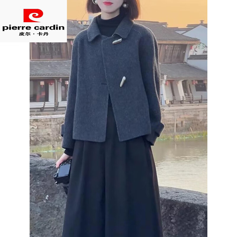 皮尔卡丹(pierre cardin)高端双面羊毛呢大衣女2025春秋新宽松显瘦小个子时尚减龄呢子外套 深灰色 S