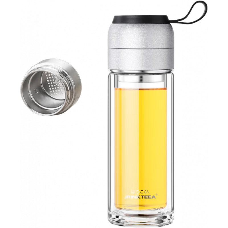 JRINKTEEA品茶水分離玻璃杯男女手提辦公雙層水杯商務(wù)茶杯 Q14冰裂銀300ml+杯套