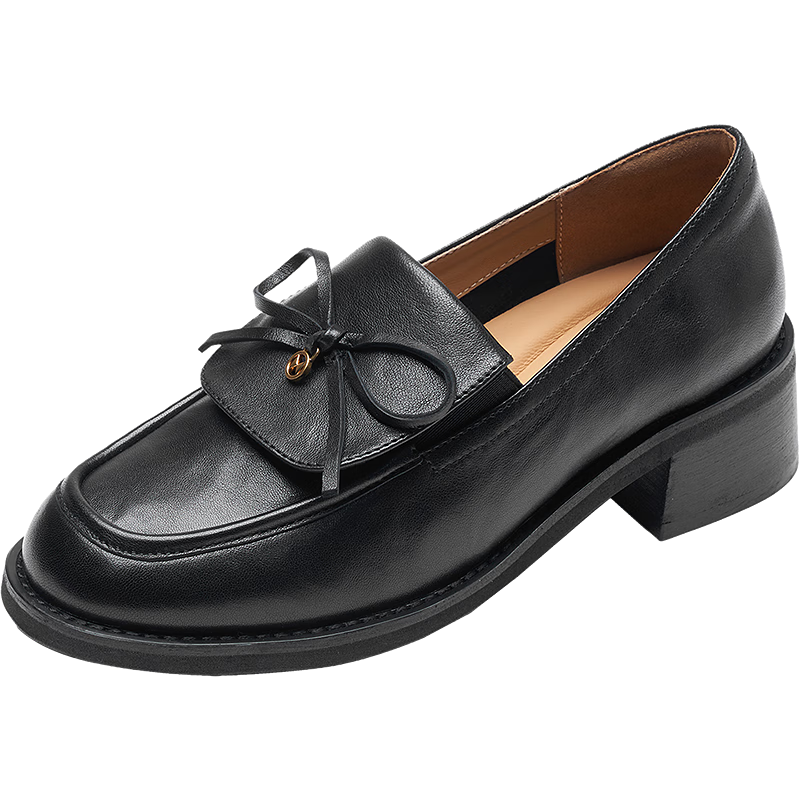 萊爾斯丹通勤增高樂福鞋2026春季新款真皮粗跟舒適單鞋小皮鞋女6T42901 曜夜黑 BKK 37