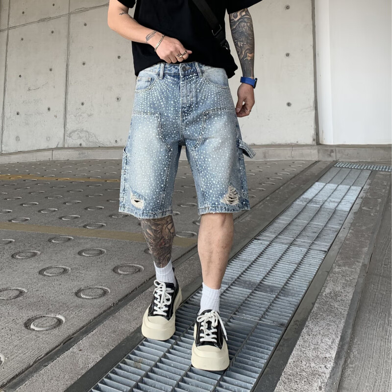 跨境欧美高街镶钻满钻牛仔短裤男夏季新款破洞工装渐变七分裤男士 黑色1384-1 3XL