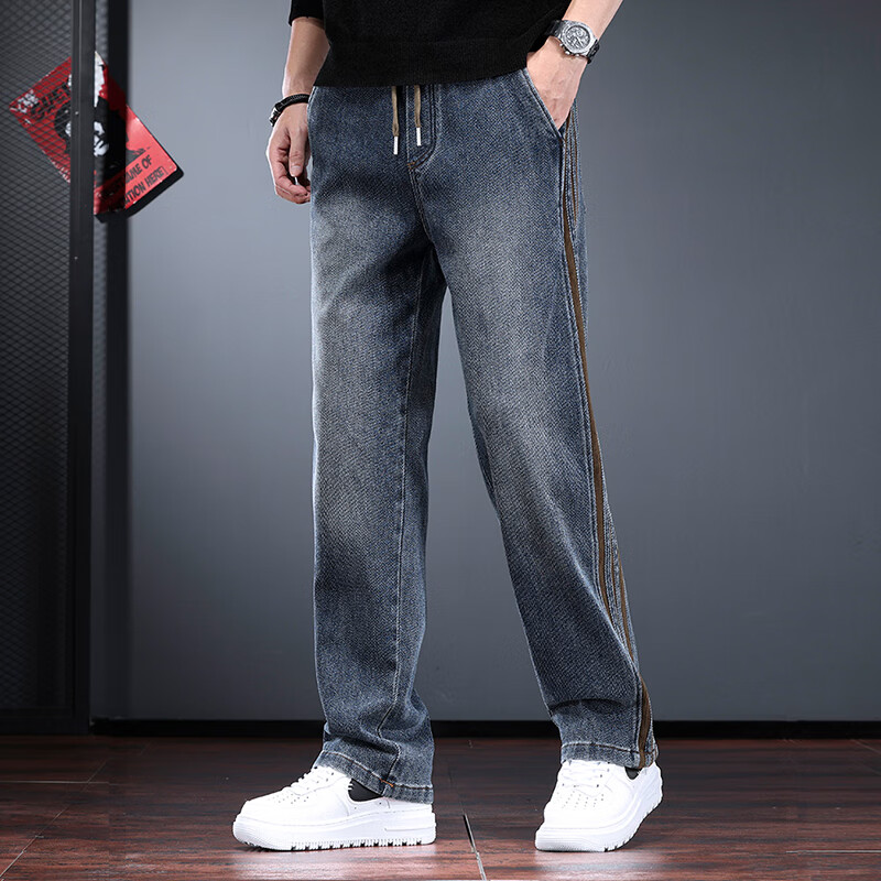 新百伦重磅牛仔裤男春秋款潮牌阔腿宽松休闲裤子男直筒高街穿搭男裤 怀旧蓝 常规 L 码【建议130-145斤】