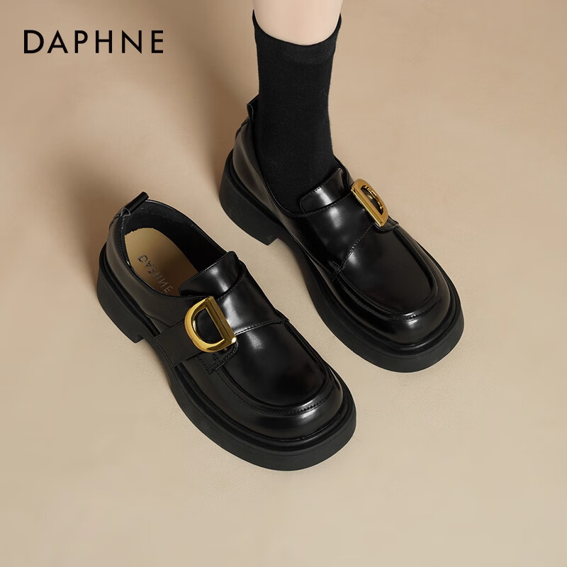 达芙妮厚底乐福鞋女2025新款秋季英伦风小皮鞋百搭复古魔术贴单鞋女ZJ 黑色-主图款 4cm跟高 37