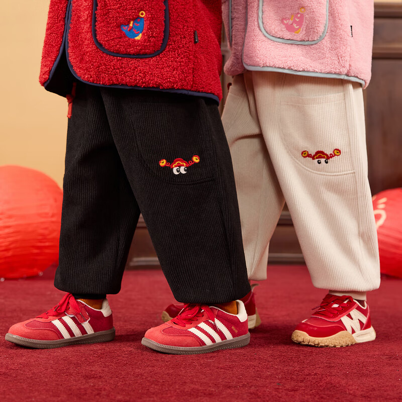 嘟嘟家儿童裤子新中式加厚冬装女童长裤加绒冬季男童拜年服休闲裤童装潮 米白色 100