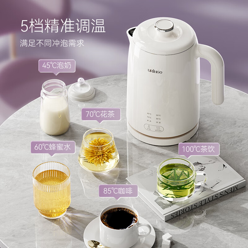 七彩叮当（QICAIDINGDANG）电水壶烧水壶 304不锈钢 1.5L小容量热水壶 双层防烫全钢无缝电热水壶 1.5L 【雪域白】五档调温