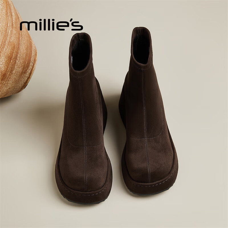 妙丽短靴女厚底轻便圆头休闲潮流短筒弹力2025冬季新款百搭气质时装靴 红咖色 36 (230mm) 标准码