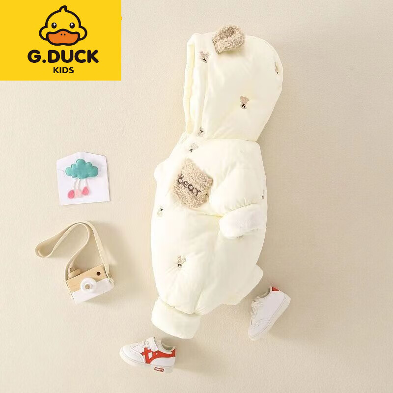 G.duck小黄鸭新生婴儿冬装加绒加厚连体衣男女宝宝满月冬季可爱超萌羽绒 TZ加厚外出服【小熊连帽】红色 90cm 90