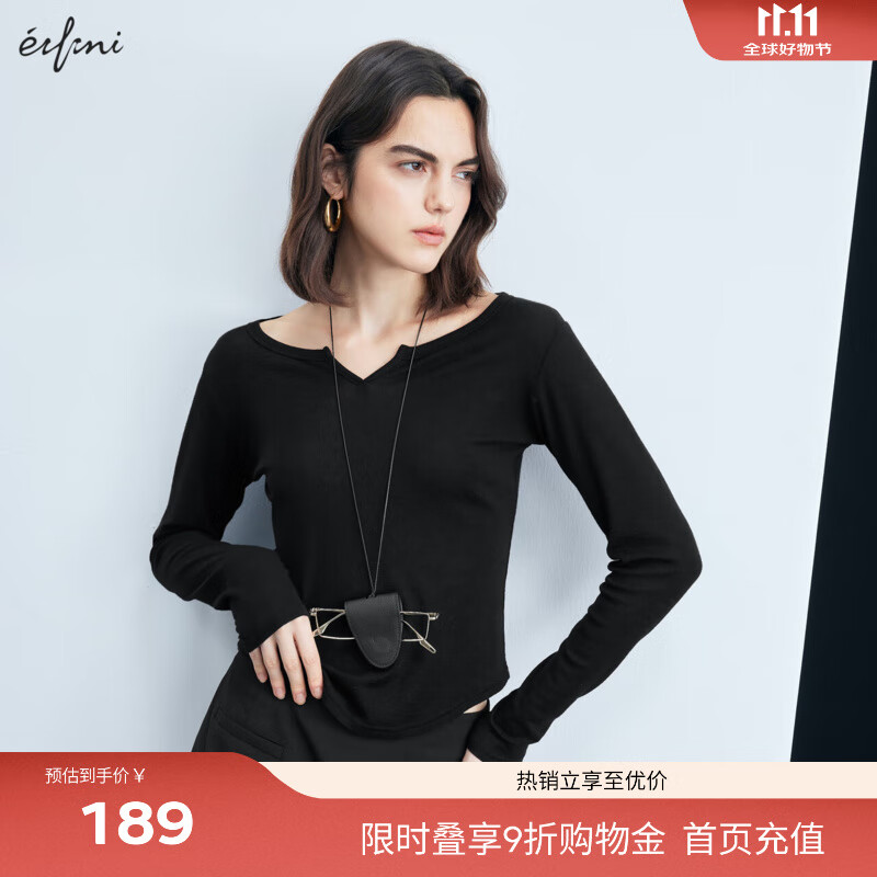 伊芙丽（eifini）蒋欣代言设计感大领开口羊毛打底T恤女秋装新款百搭上衣 黑色 S 155/80A