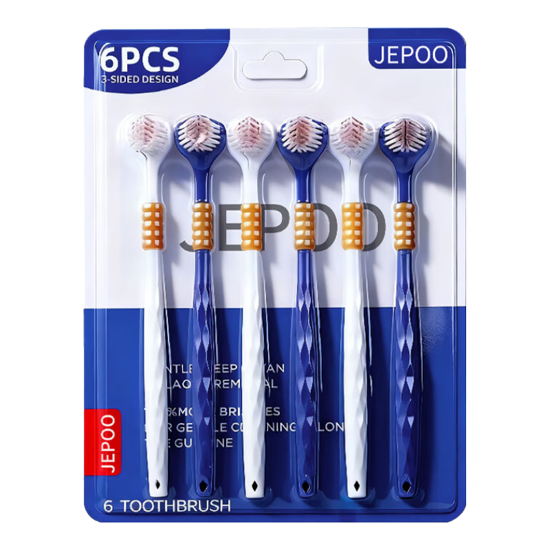 Jepoo【三面软毛牙刷】三头宽面软毛牙刷成人家用护牙龈刷牙洁牙 三面软毛 6支