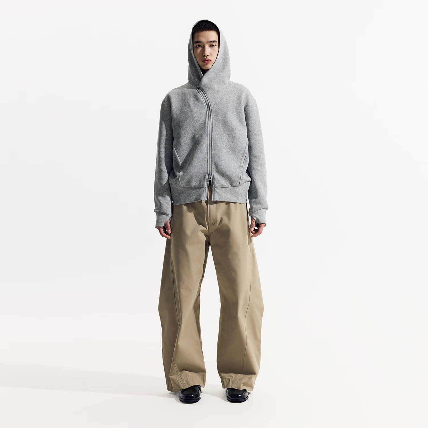 NORYBRAND 25SS廓形弯刀裤抽折弧线多细节长裤简约百搭宽松休闲裤 灰绿色 S