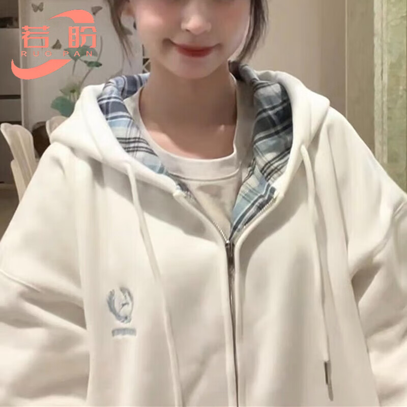 若盼美式复古格子拼接连帽卫衣女秋冬设计感小众加绒加厚宽松开衫外套 白色薄款 M 85-105斤