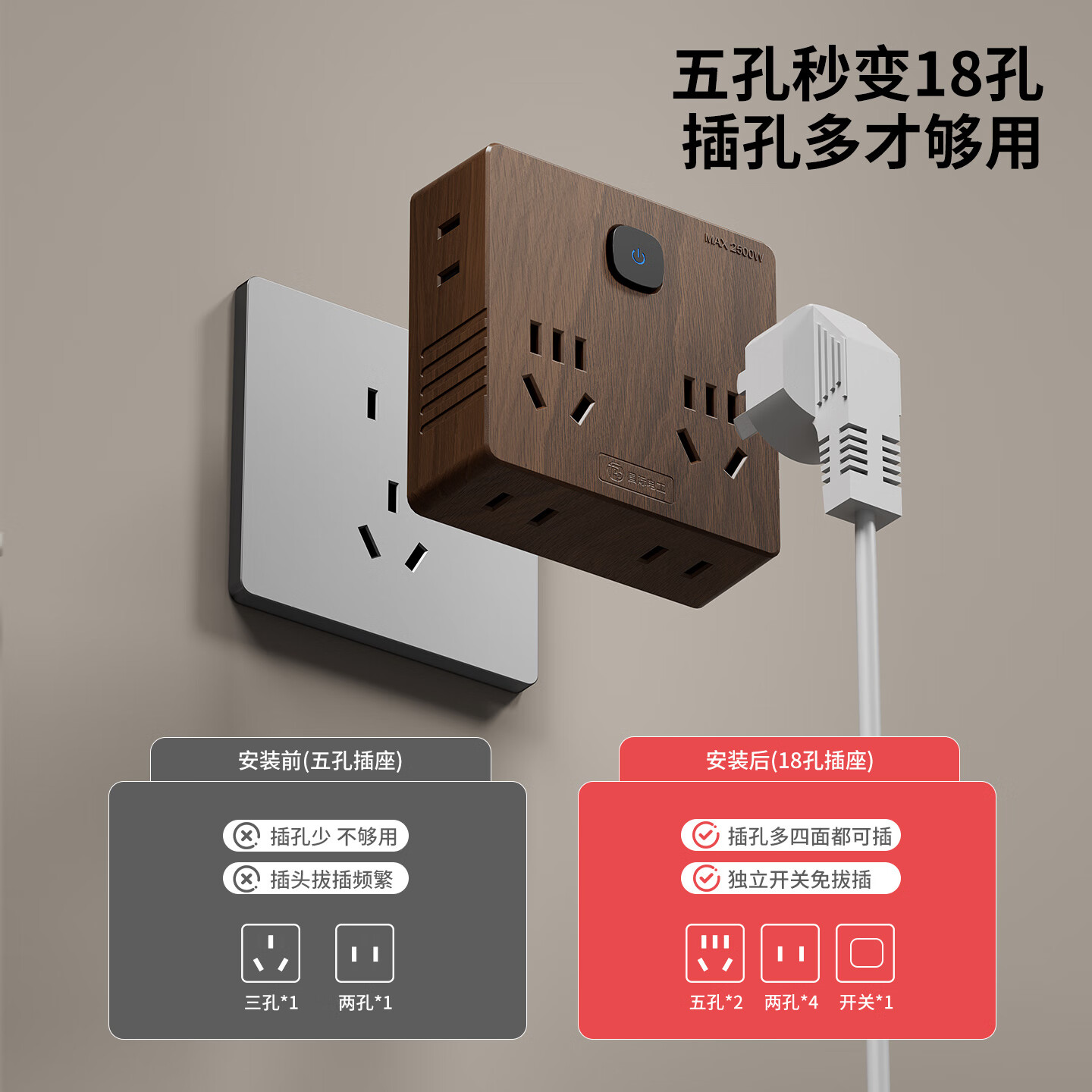 国际电工86型扩展插座一转多功能墙壁转换插头床头书桌直插式拓展插座 胡桃木色丨一转四插座(14孔)