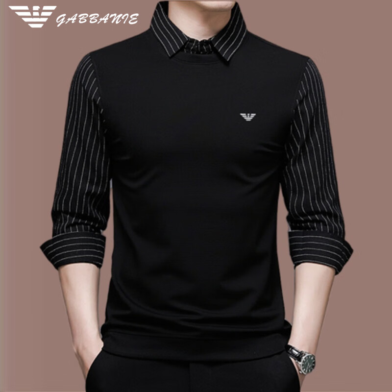 AX 阿玛尼 高端品牌秋冬中男衬衫领假两件长袖T恤加绒加厚保暖上男 GAN-8565黑色 薄款 M 165(建议100-120斤)