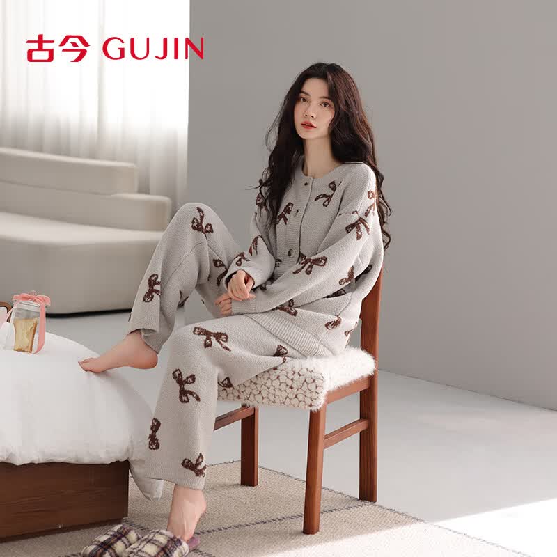 古今（GUJIN）加绒半边绒睡衣女秋冬家居服睡裤可外穿大码保暖珊瑚绒加厚套装