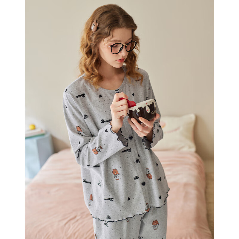 芬腾布朗熊睡衣女纯棉春秋季圆领开衫长袖可爱卡通全棉家居服套装 浅灰 XL 建议125-145斤