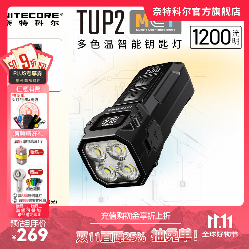 奈特科尔【全新3色温】tup2小型强光1200流明超亮edc便携随身应急钥匙灯 TUP2【1200流明/3色温】黑色
