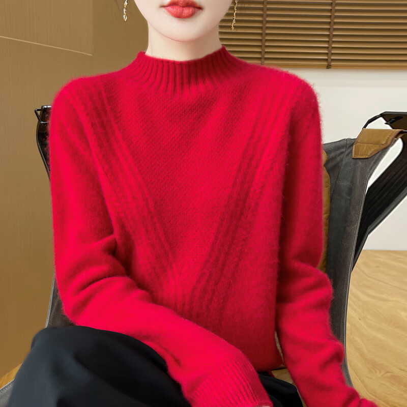 香影芬100%纯羊毛衫女套头半高领毛衣加厚扭花时尚秋冬羊毛针织打底衫女 白色 S (建议95斤以内)