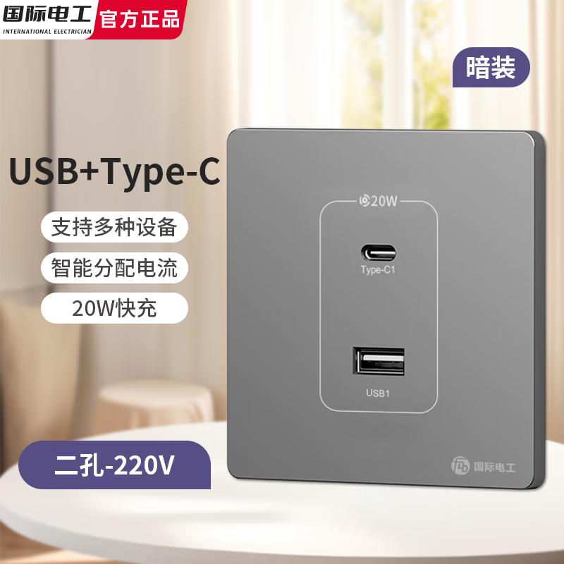 国际电工36V伏低压USB插座工地充电器面板20W瓦快充手机充电工地学校宿舍 灰色220V【暗装二口U+C】20W快充