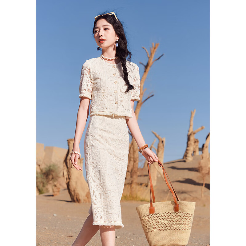 香影（xiangying）小香風(fēng)蕾絲套裝裙女夏2025新款波西米亞度假風(fēng)鏤空流蘇兩件套七夕 米色 S