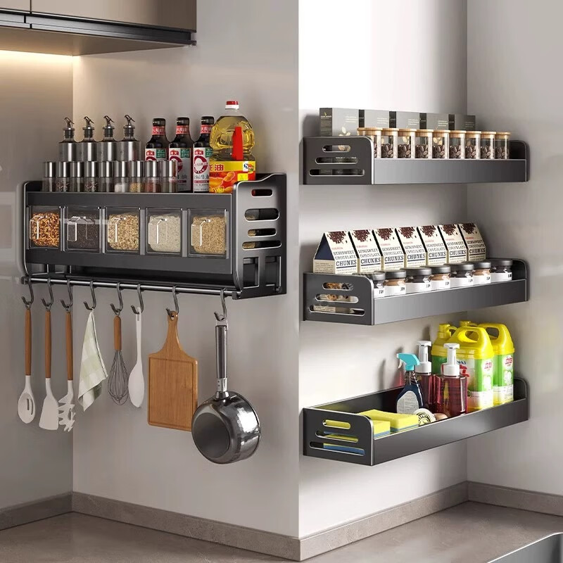 居厨厨厨房置物架多功能厨房架置物架家用厨房调料置物架免打孔刀架 【两件套】50cm+5盒+2杆12钩