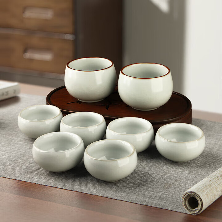陶立方米黄汝窑茶杯套装陶瓷开片主人杯品茗杯礼盒功夫茶具茶杯八件套 2大罗汉杯+6小罗汉杯(月白色)