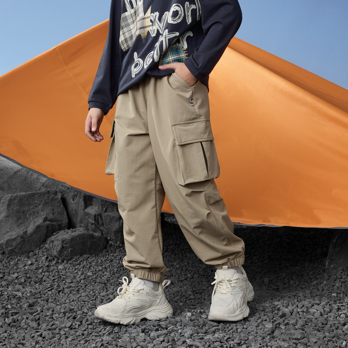 马骑顿(MQD)男童25秋新款户外工装裤露营登山束脚裤简约亲肤休闲裤 中卡其 150