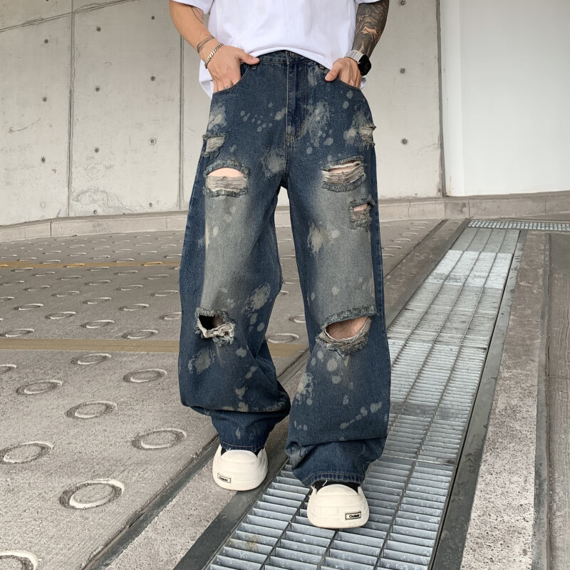 原创vibe破洞牛仔裤男夏季美式潮牌宽松休闲阔腿拖地裤子大码男装 蓝色91005-3 M