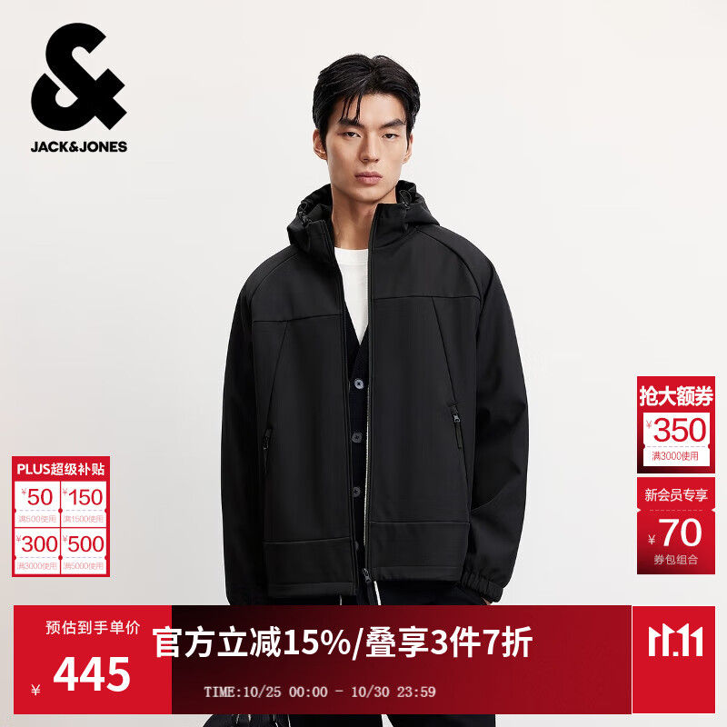 杰克·琼斯（JACK&amp;JONES）男装25年秋冬季软壳外套男士连帽防泼水户外加绒保暖宽松休闲夹克 E43纯黑色 常规 L （180）