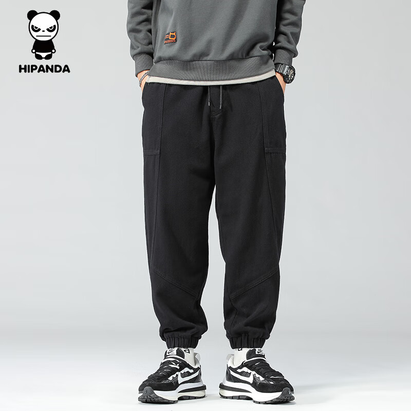 HIPANDA你好熊猫男裤2025秋冬新款宽松哈伦束脚裤男士休闲运动工装长裤子 黑色常规 XL