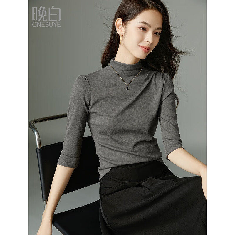 晚白【断码清仓】气质格雷灰高领内搭上衣修身显瘦亲肤打底衫女 灰色 XL
