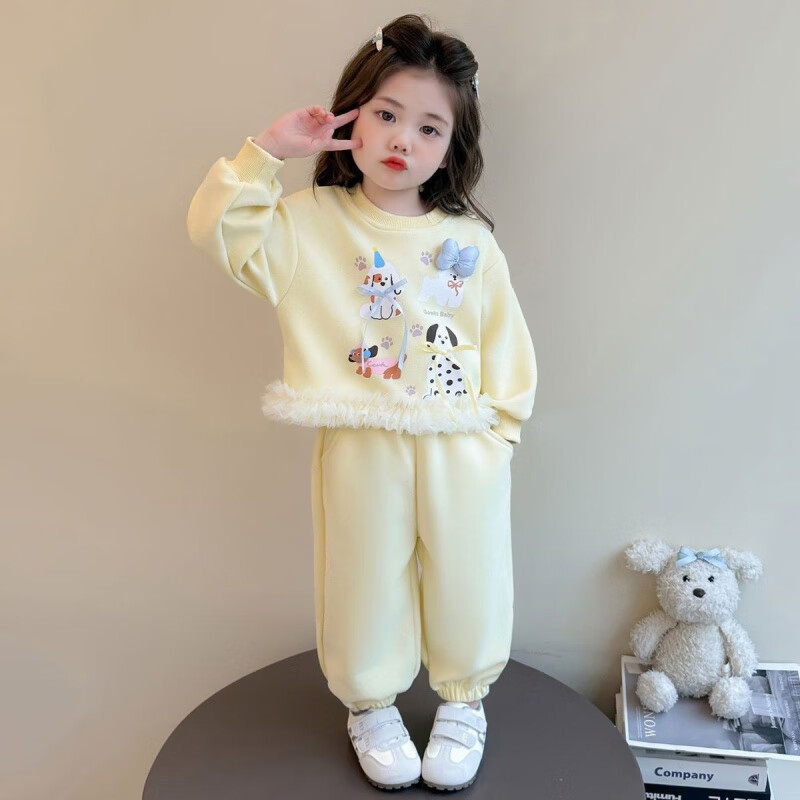 G.duck小黄鸭女童套装春秋25秋装新款洋气卡通宝宝卫衣儿童中小童两件套 黄色 套装 120 【建议身高110-120cm】