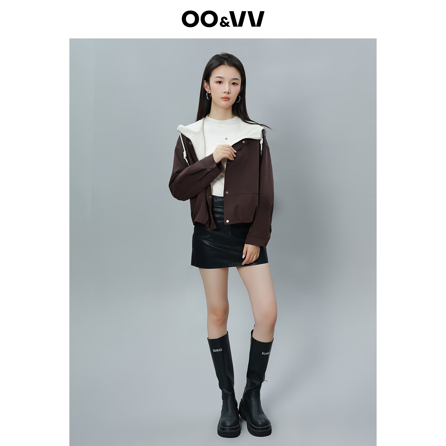 OO&VV2025年秋装新款撞色拼接连帽外套女设计时尚百搭显瘦上衣假期出游 摩卡棕 M
