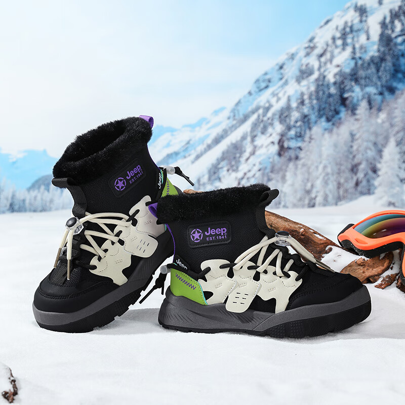 JEEP2025儿童雪地靴女童大棉鞋防水冬季新款男童加绒加厚中大童保暖鞋 黑/米/绿 38