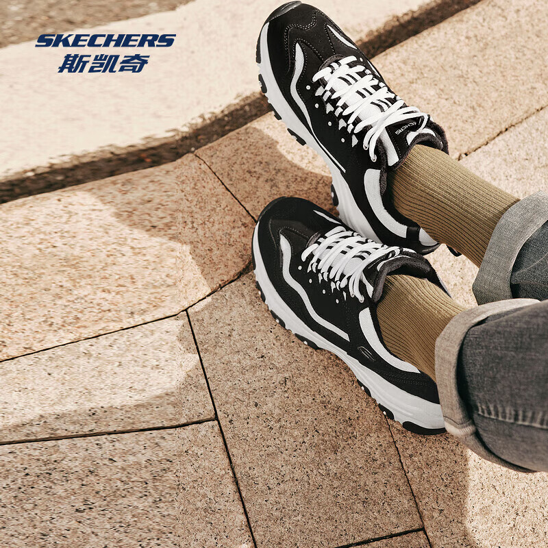 斯凯奇（Skechers）女士时尚绑带绒里老爹鞋 黑色/白色/BKW 38