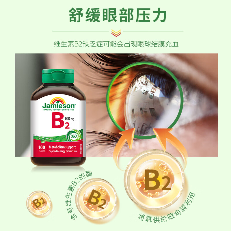 健美生(Jamieson)维生素B2 100mg呵护口腔舒缓眼部压力核黄素海外进口 维生素B2 100粒*1瓶