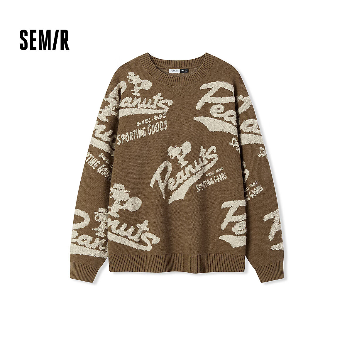 森马（Semir）史努比系列毛衫男冬季满版提花针织衫撞色情侣毛衣宽松套头衫 咖白色调00351 S