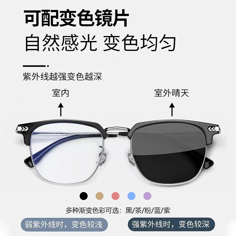 特瞳话纯钛眉线半框近视眼镜框男大脸大框可配度数防蓝光防雾散光眼镜女 A类β钛镜框-黑银色 【店长主推】镜框+1.56防蓝光镜片(0-300度)